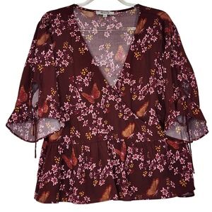 Madewell Burgundy Pink Floral Butterfly Wrap Top Size 12